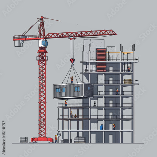 Construction crane lifting modular building unit onto high-rise building