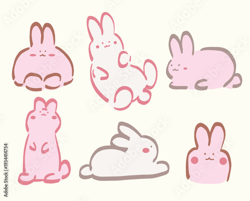 Cute simple hand drawn style rabbits. Pink bunny doodle with pastel colours.