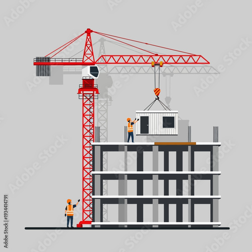 Construction crane lifting modular building unit onto unfinished concrete structure with workers