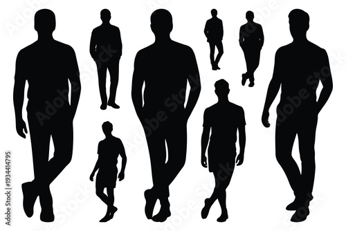Black silhouettes of men in various poses white background