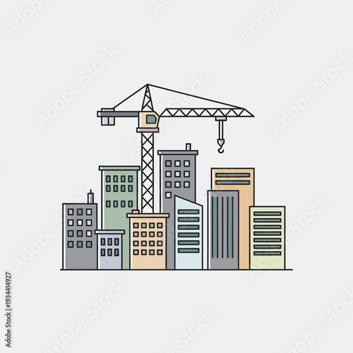 Construction crane over city skyline with modern buildings under development