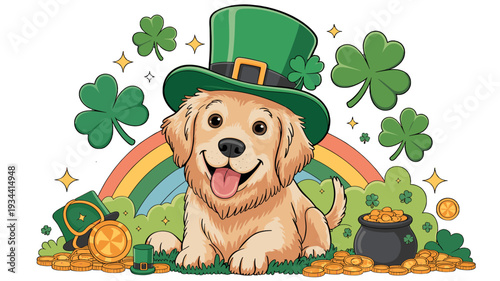 A charming illustration of a dog, a leprechaun hat, and lucky shamrocks.
