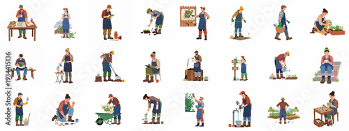 Diverse people engage in various joyful gardening activities, from planning and planting to nurturing and enjoying their vibrant urban and home gardens.