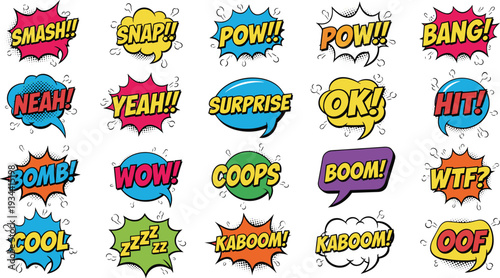 Comic speech bubbles with sound effect words pop art style vector illustration set