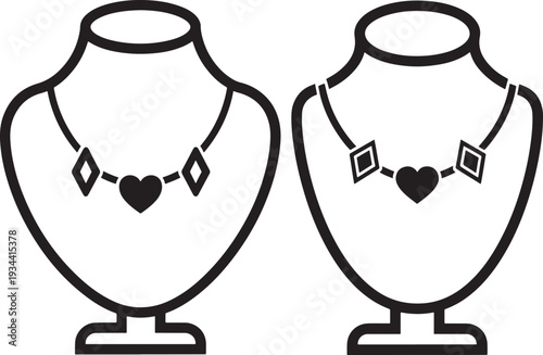 Two elegant necklaces displayed on busts: one with heart and diamonds, the other with diamonds and heart. Ideal for jewelry advertising, fashion, and retail.