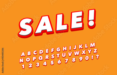 Sale Font - Bold White Alphabet with Red 3D Shadow on Orange Background