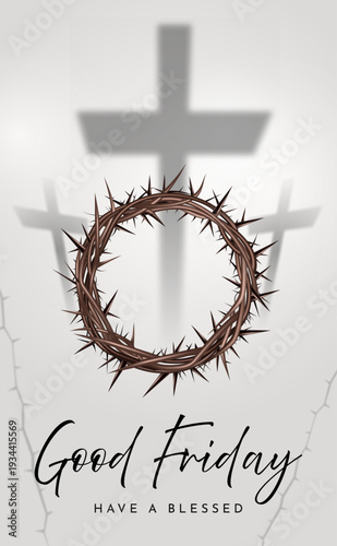 Good Friday 2026 Poster with 3D realistic Crown of Thorns and Cross Silhouette Background