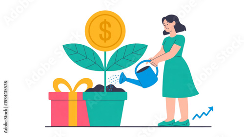 Minimal Outline Illustration of Woman Growing Money Plant with Present Box and Rising Profit Graph Investment Concept