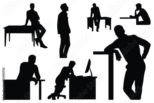 Black silhouettes of business people working at desks