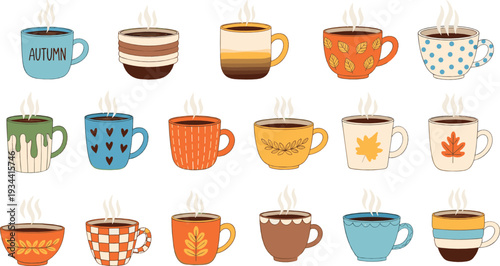 Cozy Autumn Coffee Cups Collection with Warm Drinks, Fall Leaves Designs and Steaming Mug Vector Illustration Set