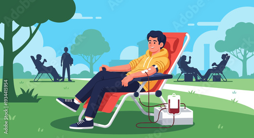Man Donating Blood Outdoors in Park, Health and Charity Concept
