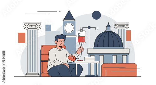 Man Receiving IV Drip Infusion with Medical Icons and Cityscape Background