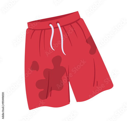 Cartoon dirty shorts. Wrinkled stained clothes, laundry apparel flat vector illustration. Stained dirty shorts isolated on white background