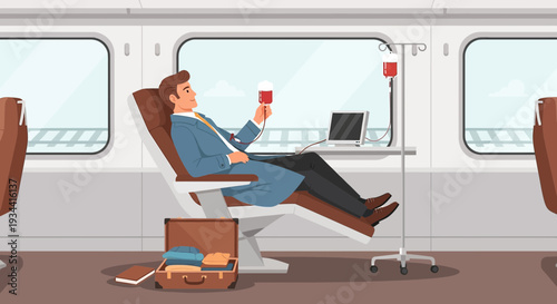 Man receiving IV drip on a train, holding a glass of red liquid