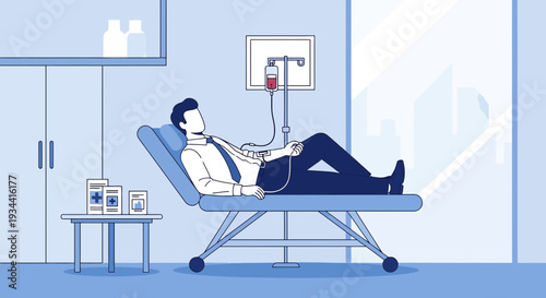 Man receiving IV infusion therapy in a medical clinic, treatment concept