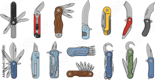 Multi tool pocket knives collection vector illustration folding camping utility knife set isolated design