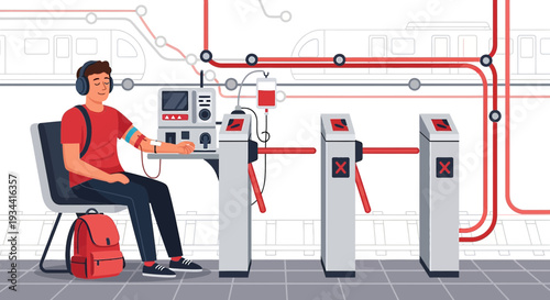 Man with IV drip at subway turnstile, medical technology concept