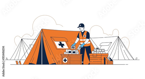 Medical Aid Worker Setting Up Field Hospital Supplies and Tents