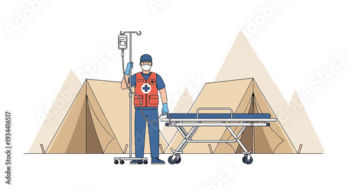 Medical Aid Worker with IV Drip and Stretcher in Tent Camp