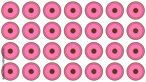 Seamless pink donut pattern. Minimalist strawberry iced doughnut wallpaper. Cute bakery pastry texture illustration. Simple geometric donut shape packaging print layout.