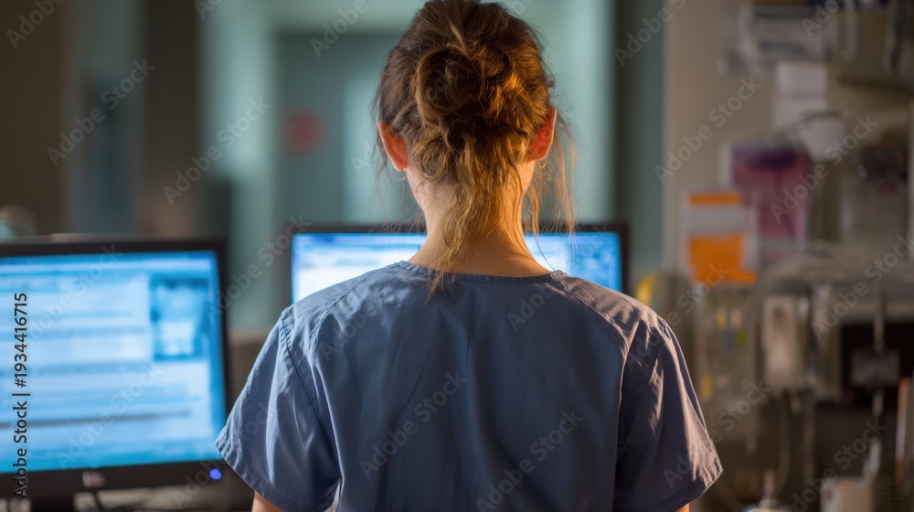 Fototapeta premium Doctor Back View Looking at Computer Monitor in Clinical Setting