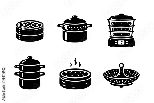 Collection of various steaming pots and baskets for cooking healthy food