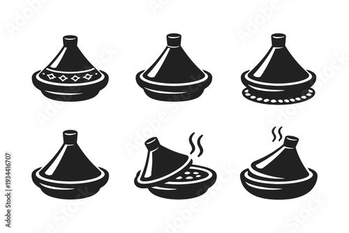 Stylized black and white icons of traditional Moroccan tajine pots