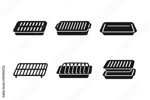 Collection of six different black grill pan and baking tray icons on a white background