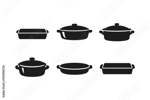 Collection of black cooking pots and pans icons on a white background