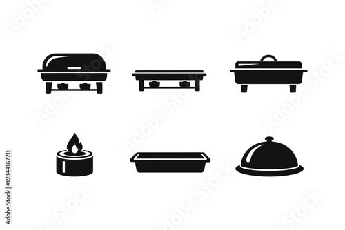 Collection of black icons representing chafing dishes and serving utensils