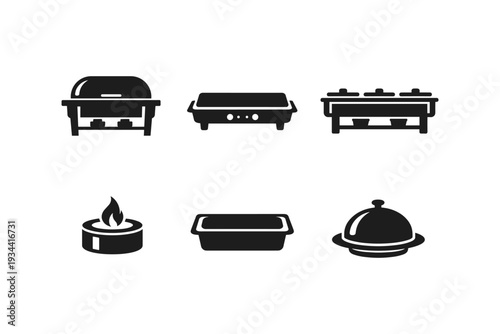 Collection of black icons representing chafing dishes and food service equipment