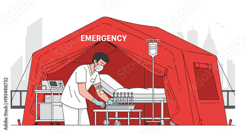 Medical Emergency Tent with Doctor and Patient, IV Drip, and Equipment