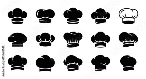 Chef Hat Icons Set, Collection of Bakery and Cooking Toque Silhouettes for Restaurant Logo and Food Design