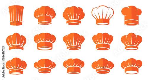 Set of Chef Hat Icons, Orange Toque Symbols for Restaurant Logo and Kitchen Design