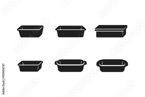 Collection of six different black baking pans and trays in a simple flat icon style
