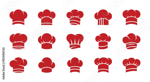 Red Chef Hat Icons Set, Collection of Toque Silhouettes for Cooking, Bakery, and Restaurant Logo Design