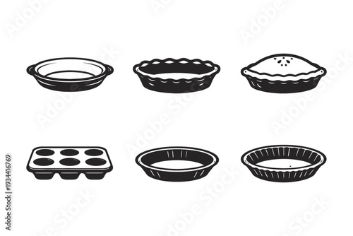 Collection of baking dishes and pie tins, including a muffin tin and a pie with crust
