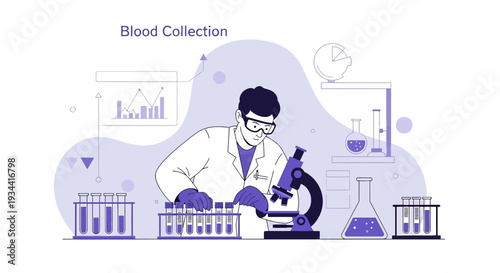 Medical Lab Technician Performing Blood Collection and Analysis with Microscope