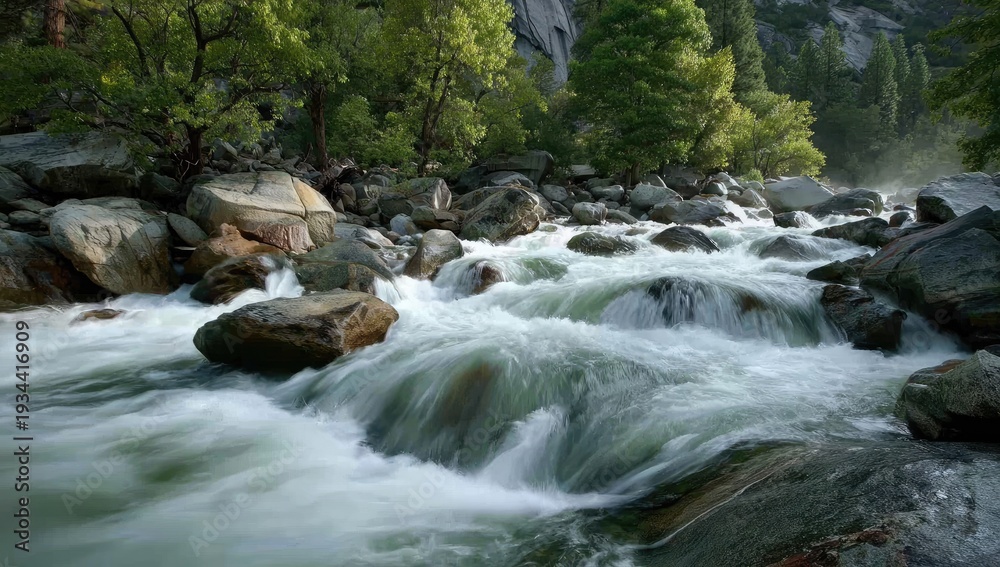 Fototapeta premium A rushing river carves through a rocky landscape, surrounded by lush green trees