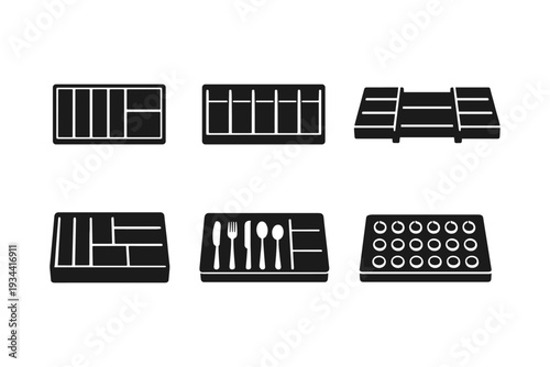 Collection of six different black and white icons representing kitchen drawer organizers and utensil holders