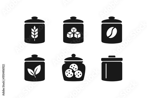 Collection of six black icons representing different food storage containers and ingredients