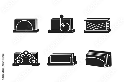 Collection of six different black silhouette icons of napkin holders and card holders