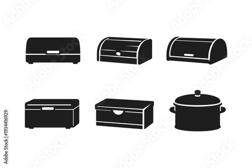 Collection of kitchen storage containers and a cooking pot, black icons on white background