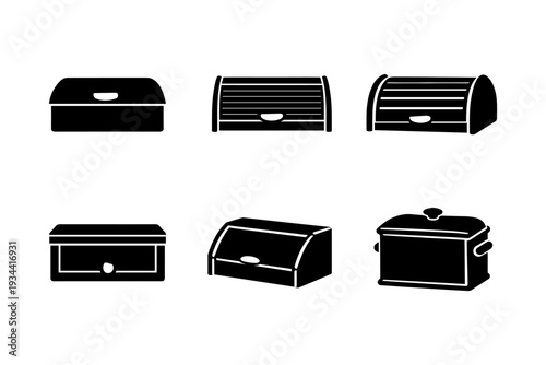 Collection of six different black bread box icons on a white background