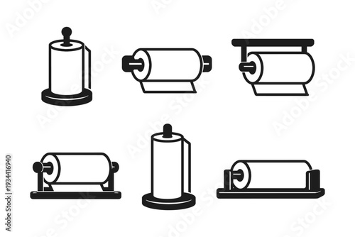 Collection of six different paper towel holder icons in a clean, modern style