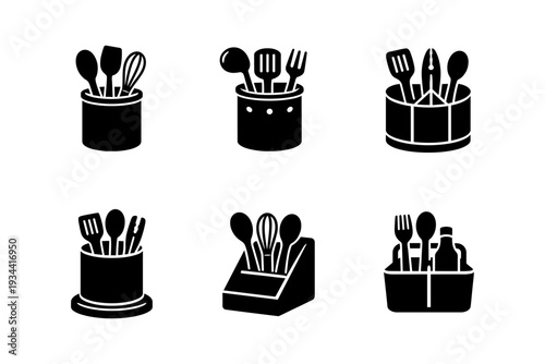 Collection of black icons representing kitchen utensil holders with various cooking tools