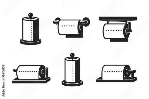 Collection of six different paper towel holder designs in a clean, modern icon style