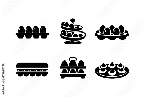 Collection of various egg holders and trays with eggs, presented in a clean icon style