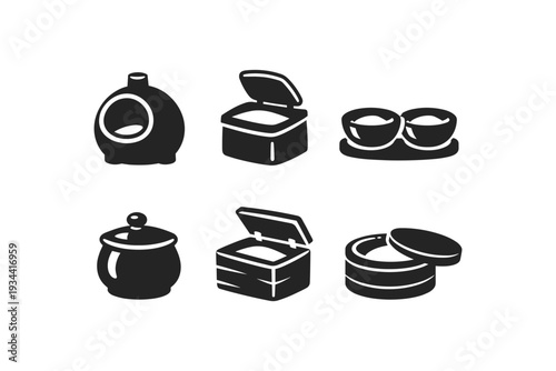 Collection of simple black icons representing various containers and vessels