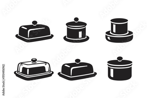 Collection of black and white icons representing various butter dishes and covered containers